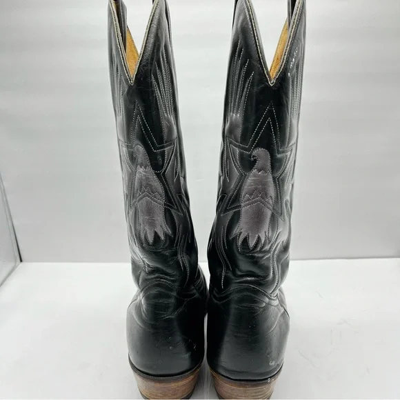 Boulet Men’s Size 9 Black Cowboy Boots Leather Silver Birds with Wings Western